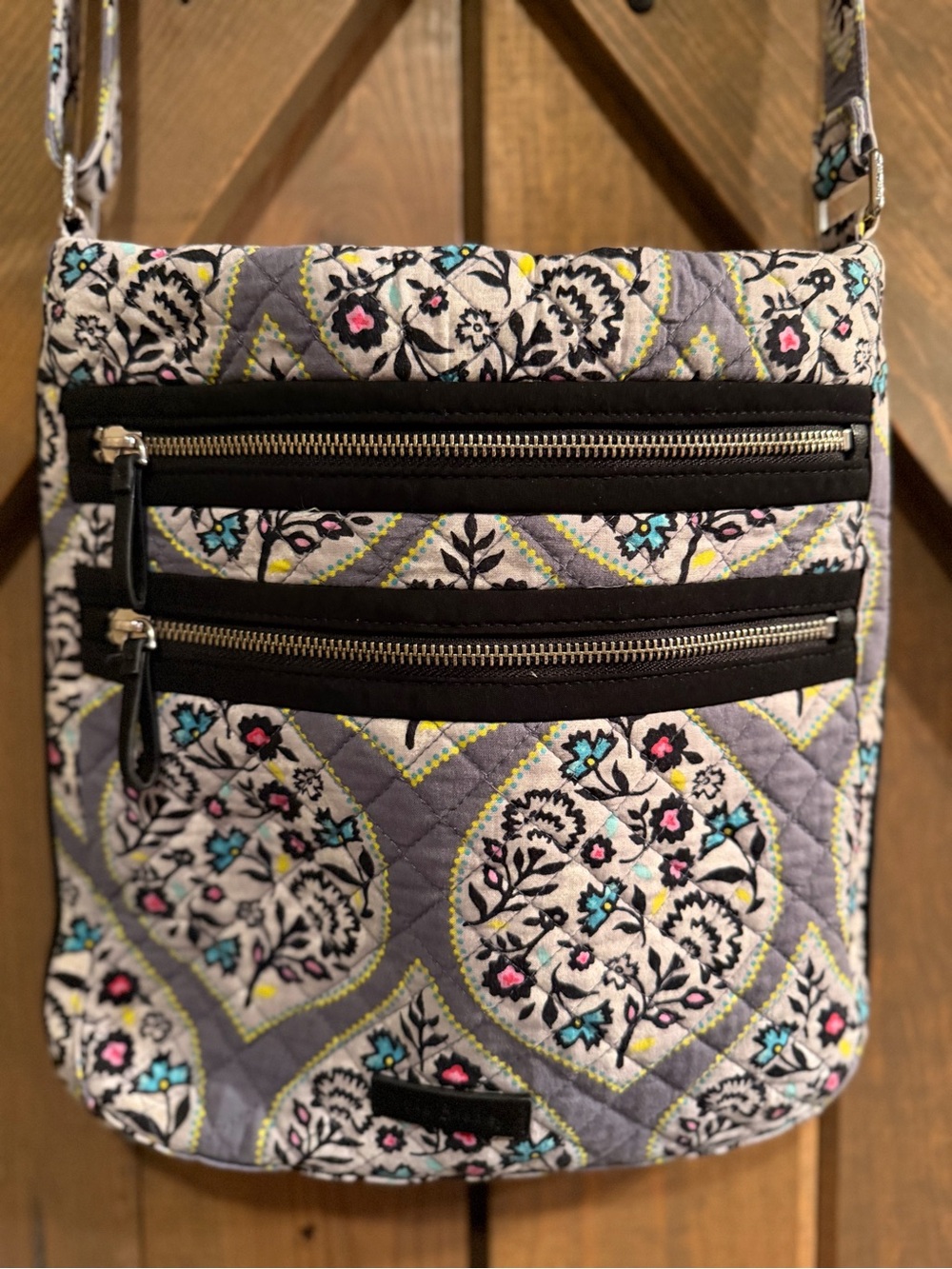 Vera Bradley Quilted Gray Floral Crossbody with Pink & Teal Accents